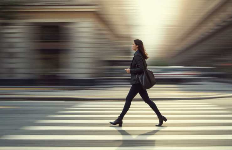donna che cammina per strada velocemente