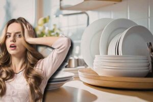 piatti in cucina con una donna sconvolta